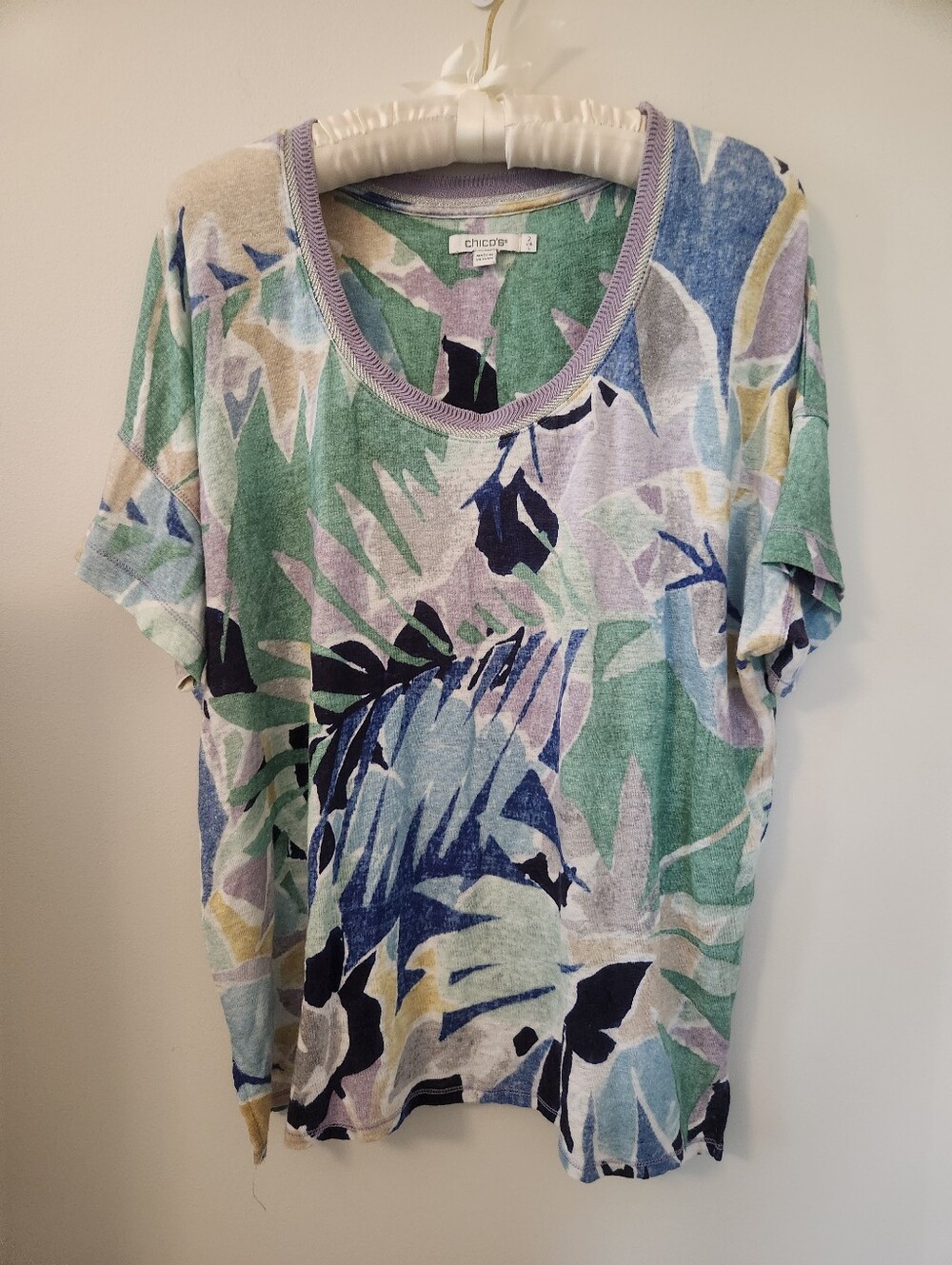 Chico's Tropical Nights Sweater Trim Linen Tee in Green, Blue, Lavender